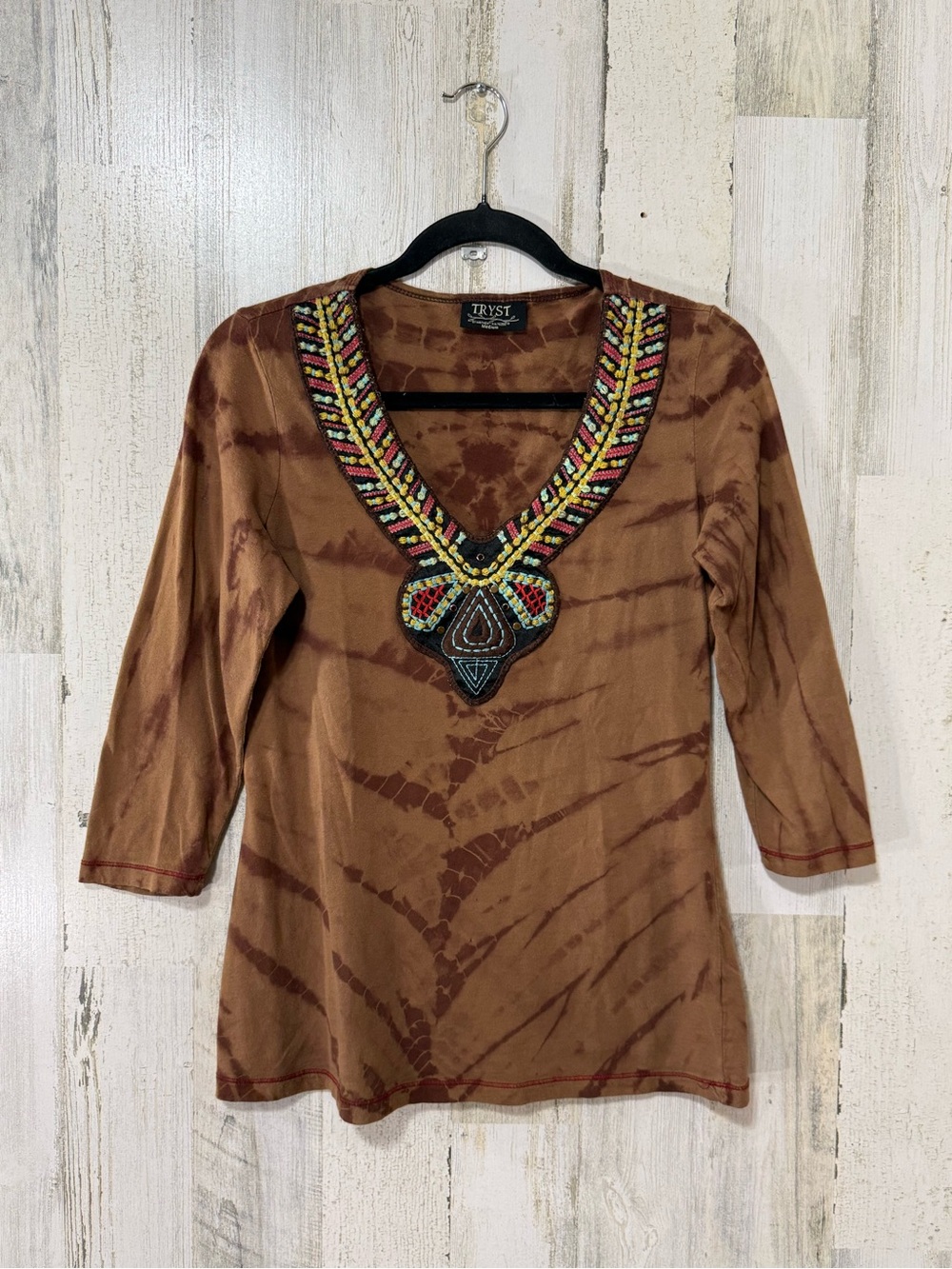 Tryst Brown Tie-Dye V-Neck Tunic with Beaded Embroidered Embellishment - Picture 5 of 9